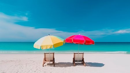 Playa paradisíaca con sillas y sombrillas