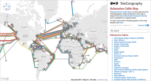 Mapa mundial de cables submarinos de fibra óptica