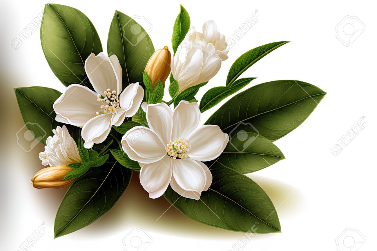 200281434 flores de jazmin en plena floracion aisladas sobre flores de jazmin blancas sobre un fondo blanco