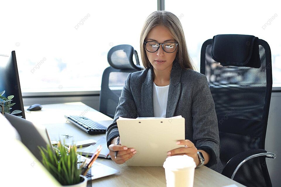 pngtree businesswoman reviewing documents at office desk expertise people examining photo image 42716532