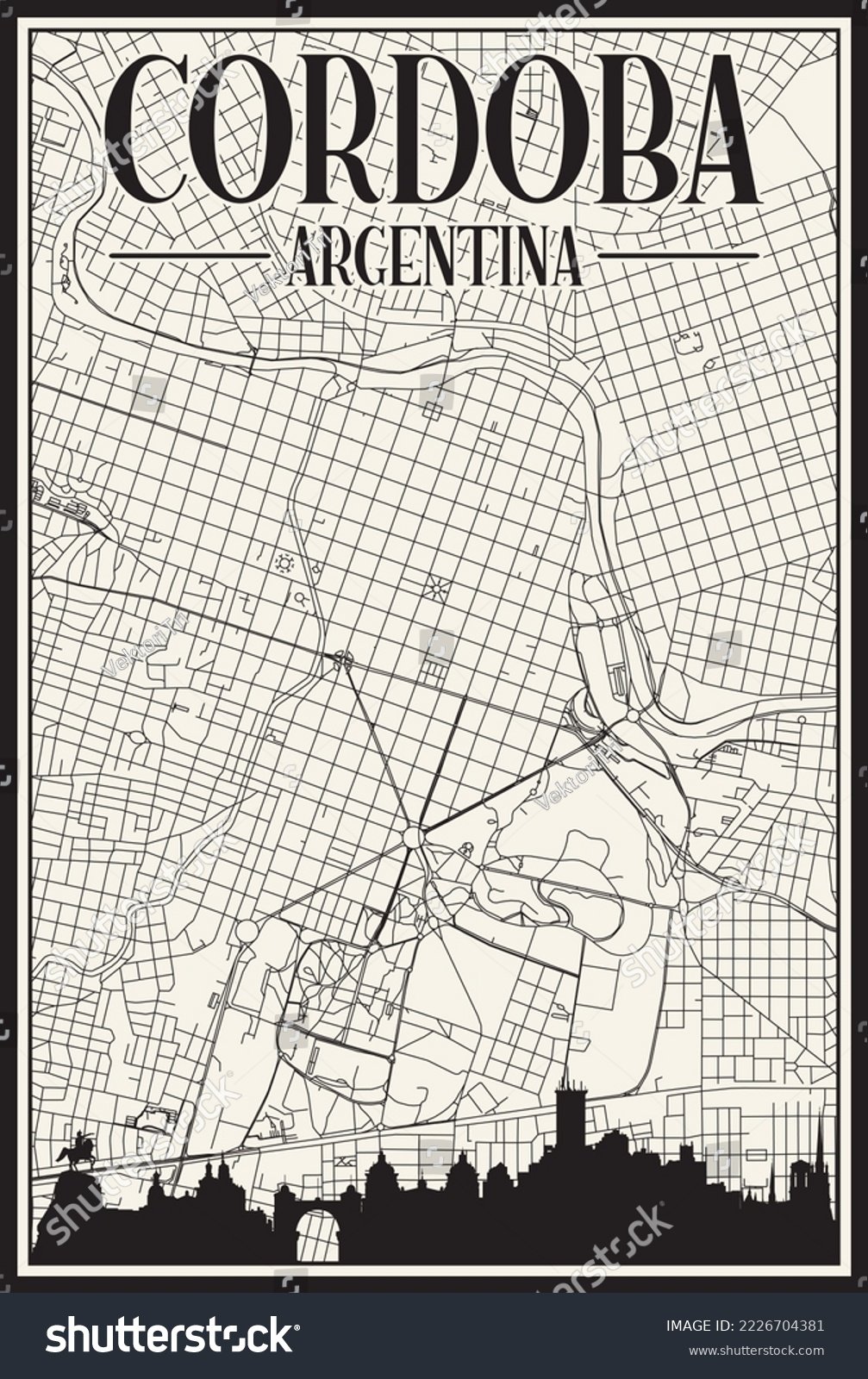 stock vector white vintage hand drawn printout streets network map of the downtown cordoba argentina with 2226704381